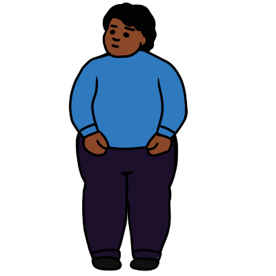 A person with achrondoplasia standing facing the viewer. They have brown skin and black hair and are wearing a blue long-sleeved shirt and dark blue trousers.